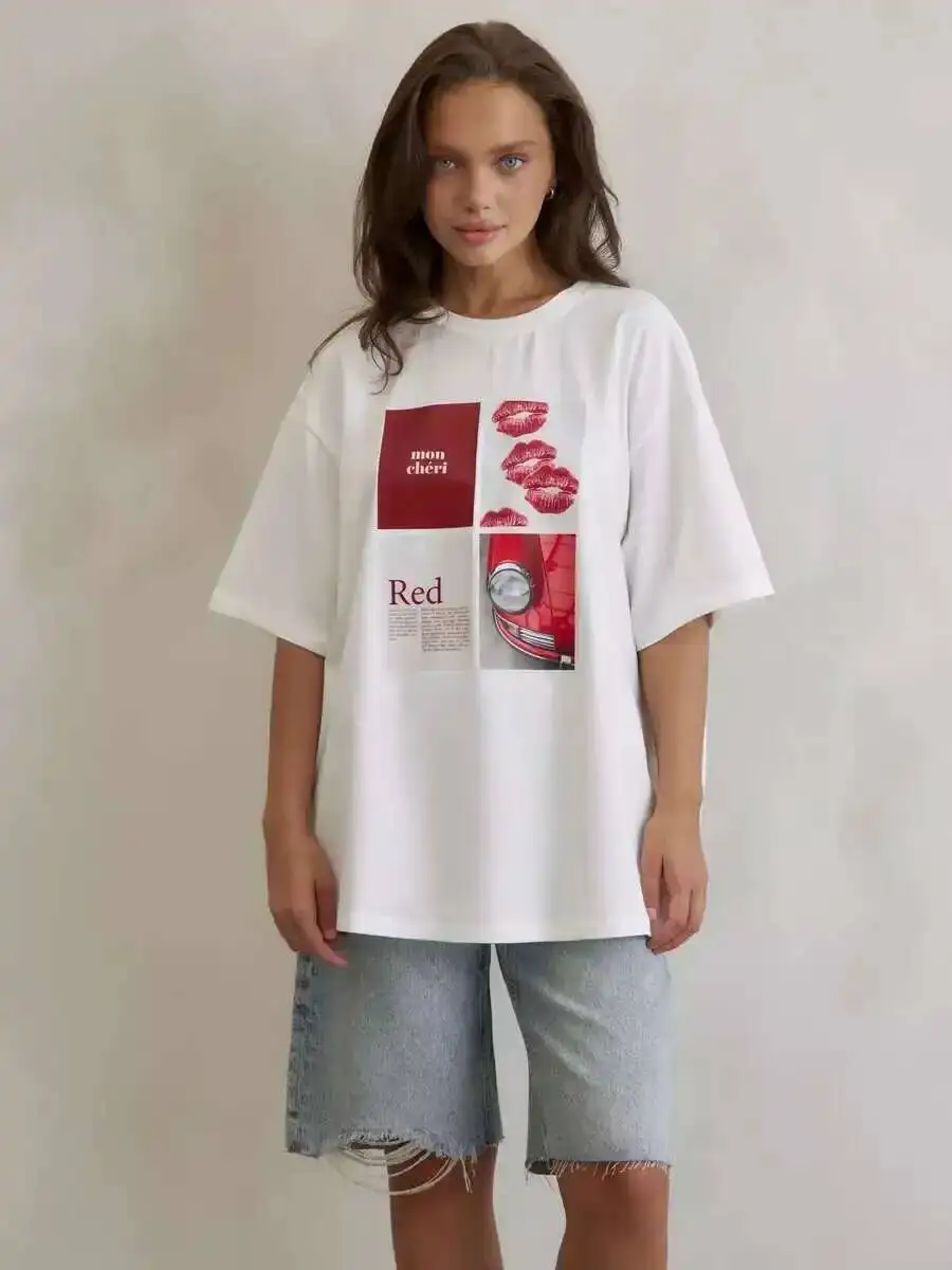 الأوروبية الأمريكية الساخنة فتاة الأمريكية Y2K تصميم تي شيرت مطبوع الصيف المرأة القطن الخالص شارع العليا الرجعية قصيرة الأكمام أعلى BPQ9 #1