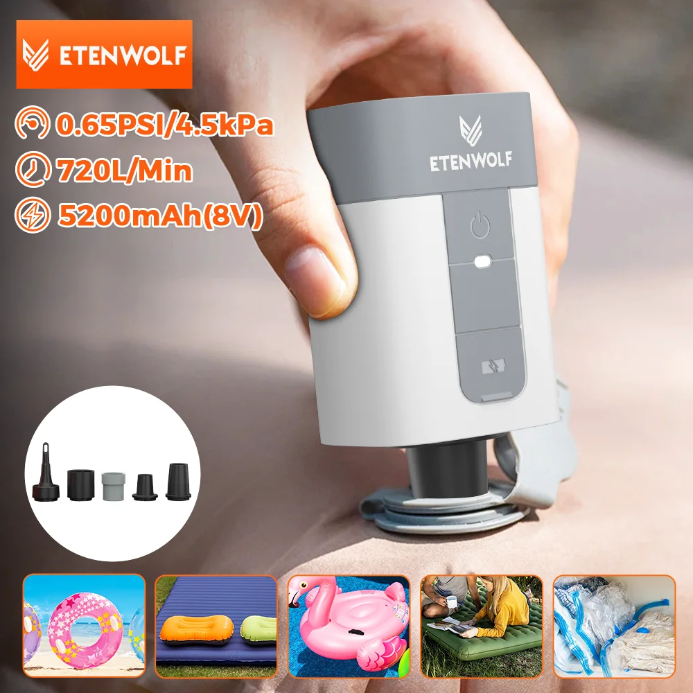 

ETENWOLF AIR 5 Электрический воздушный насос, 720 л/мин, быстрый надувной и дефлятор, 5200 мАч, портативный воздушный насос для поплавков в бассейне, вакуумная сумка для хранения