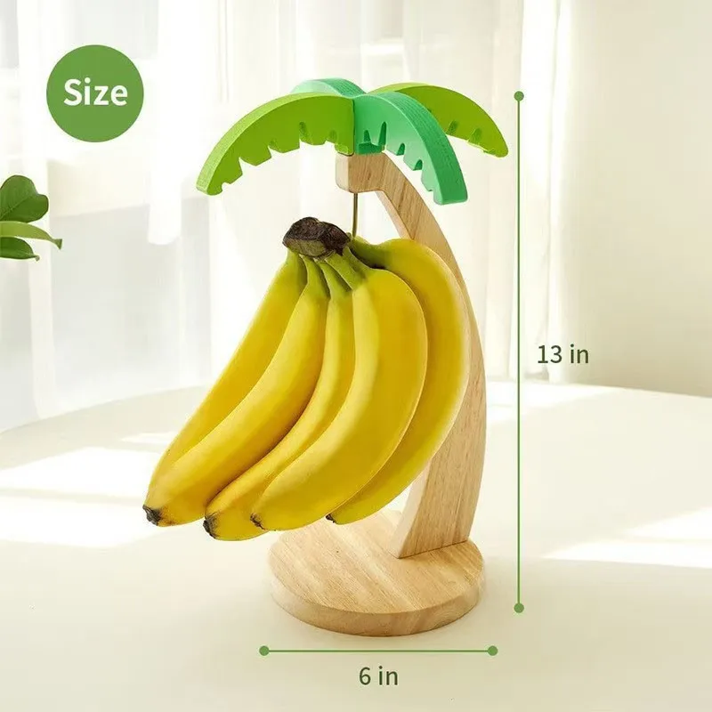HRBAJ-Wooden Banana Hanger Fruit Storage Rack Multifunctional With Artificial Leaves For Kitchen 2Pc