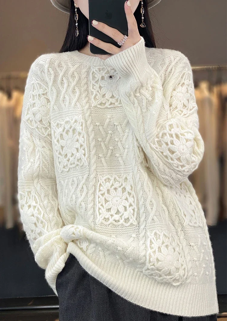 TEELYNN Autumn Winter Loose Knit Pullover for Women Sweaters Tops 100% Cashmere Handmade Floral Sweater Long Sleeve Boho Jumper