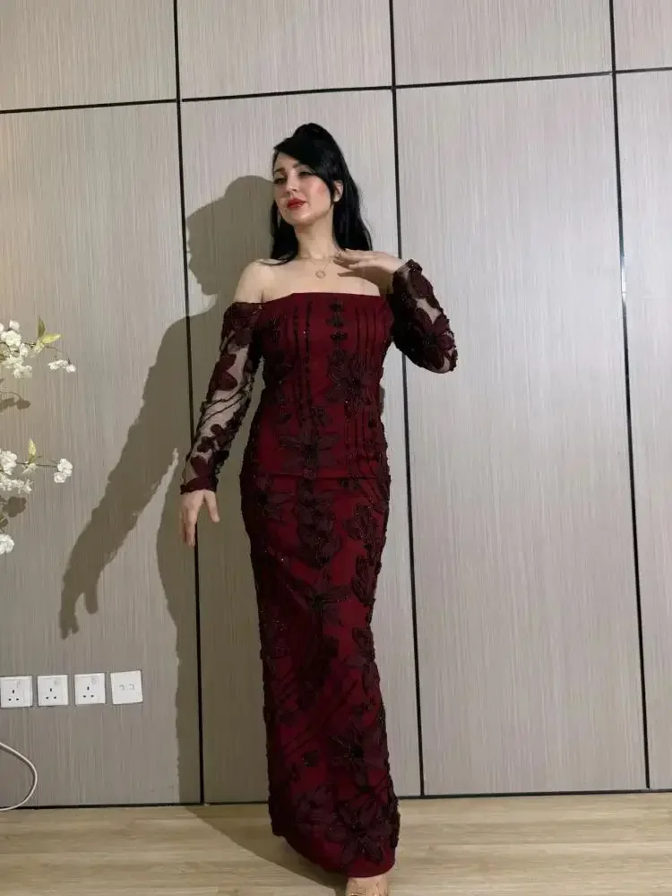 

Arabia Formal Gala Prom Dresses Luxury Burgundy Off-Shoulder Sheer Beaded Floral Bodycon Upscale Party Evening Dresses