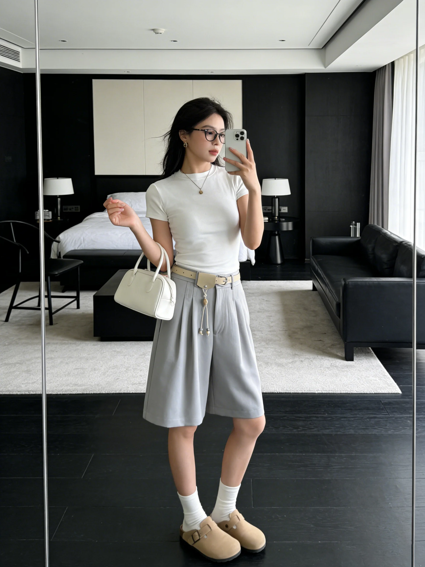 

Summer Casual High Waist Wide Leg Shorts Loose Casual Suit Pants Grey Simple Casual Pants Belt Decoration Ladies Casual Trousers