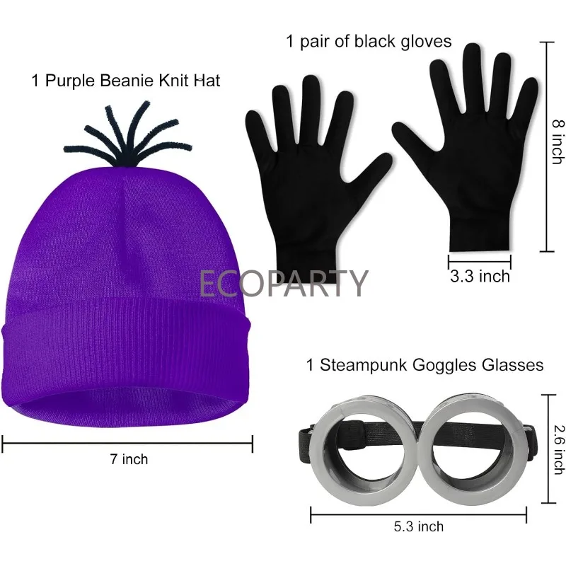 3-teiliges Halloween-Kostümzubehör für Erwachsene, lila Mütze/Brille, Brille/Handschuhe für Damen und Herren, Cosplay-Party-Set