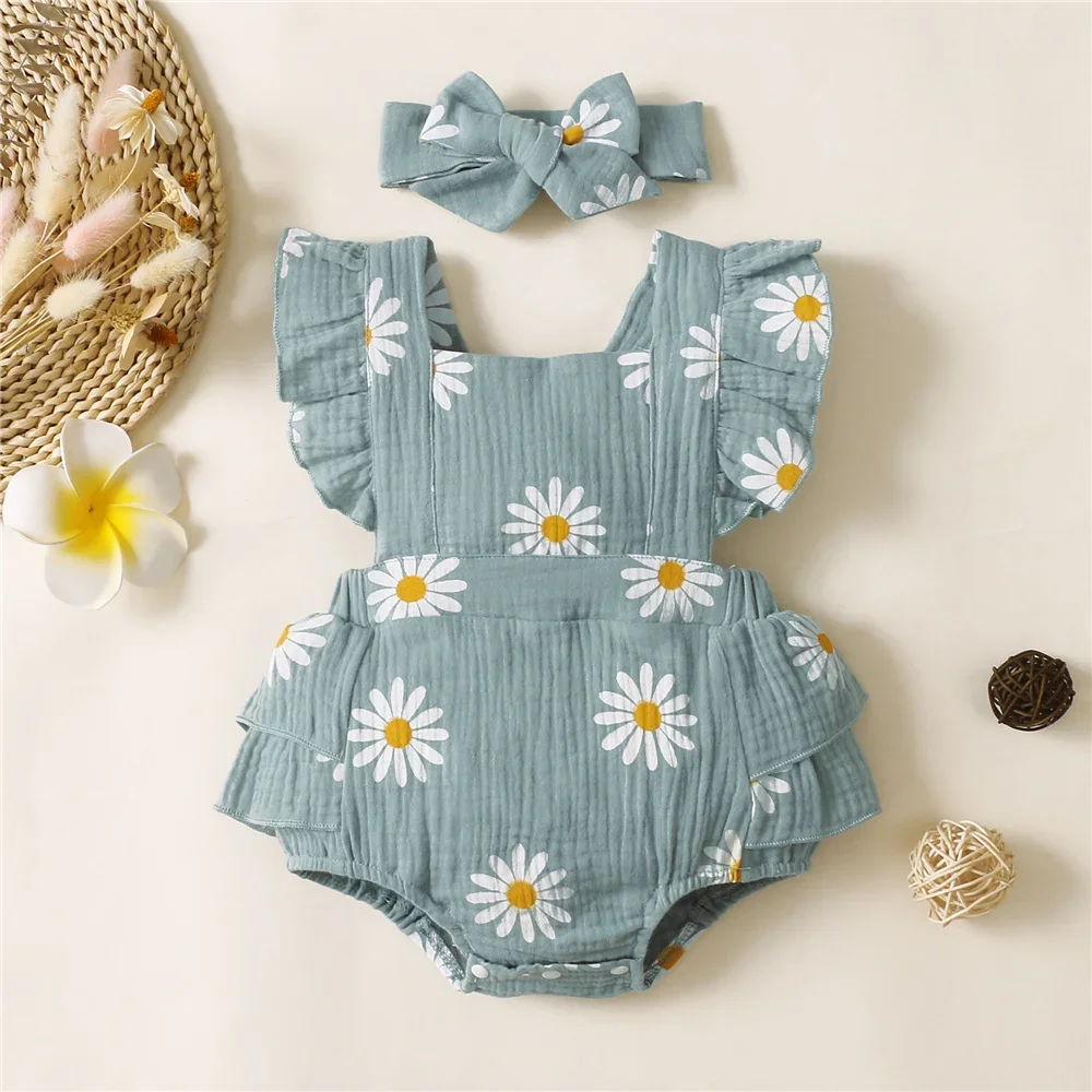 0-18 Months Newborn Baby Girl Romper Clothes Ruffle Sleeveless Bodysuit with Headband Summer Jumpsuit Fashion Cute Infant Outfit