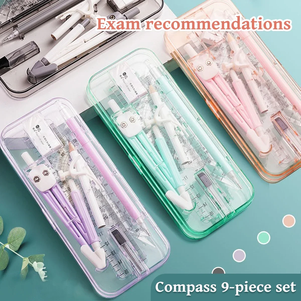 Kawaii 9pcs Ruler Set for Exams Geometry Compass Straight Edge & Protractor Portable Math Drawing Tools Stationery Supplies