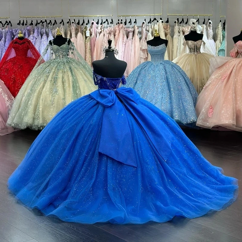 Blue Shiny Ball Gown Quinceanera Dress 2024 Lace Beads Bow Off Shoulder Prom Princess Sweet 15 16 Years Vestidos De XV Anos