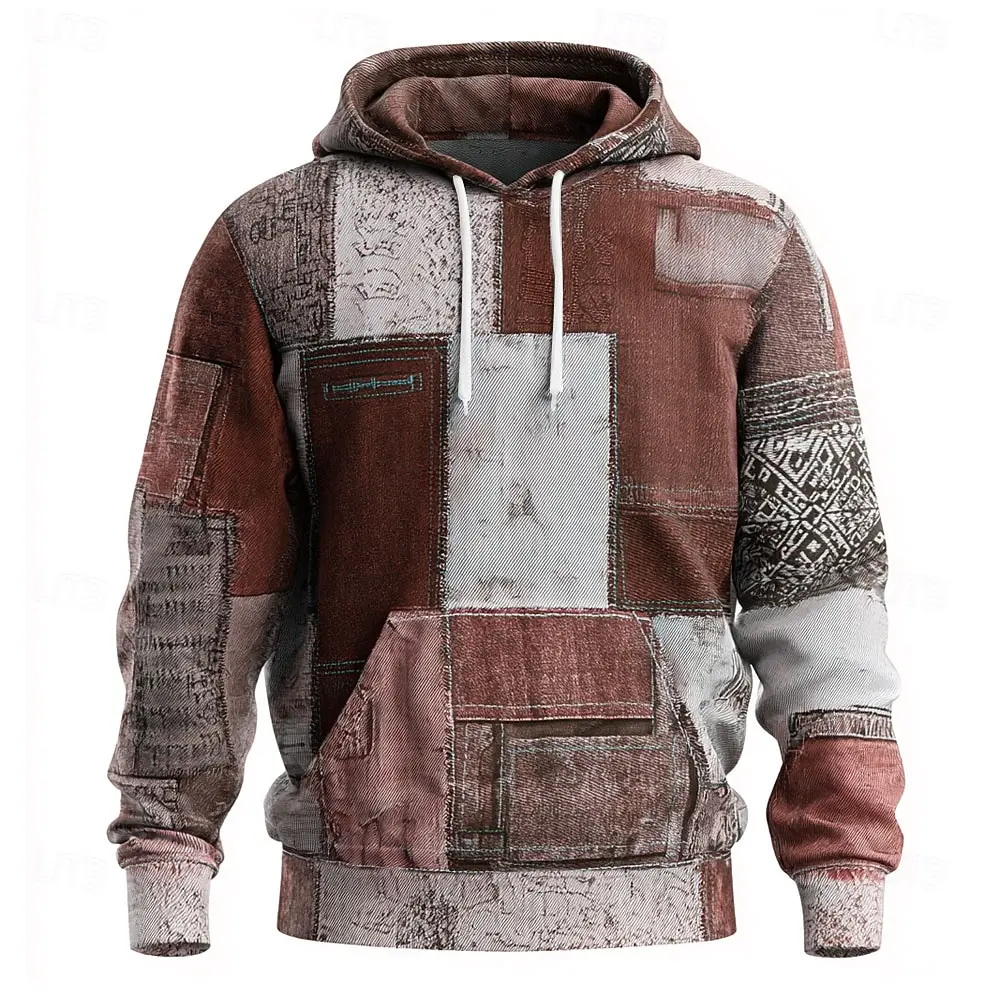 Geometrische karierte Herren-Kapuzenpullover, modisches Sweatshirt mit Rundhalsausschnitt, lässiger Streetwear-Stil, Herbst-Winter-Komfortkleidung mit Kapuze