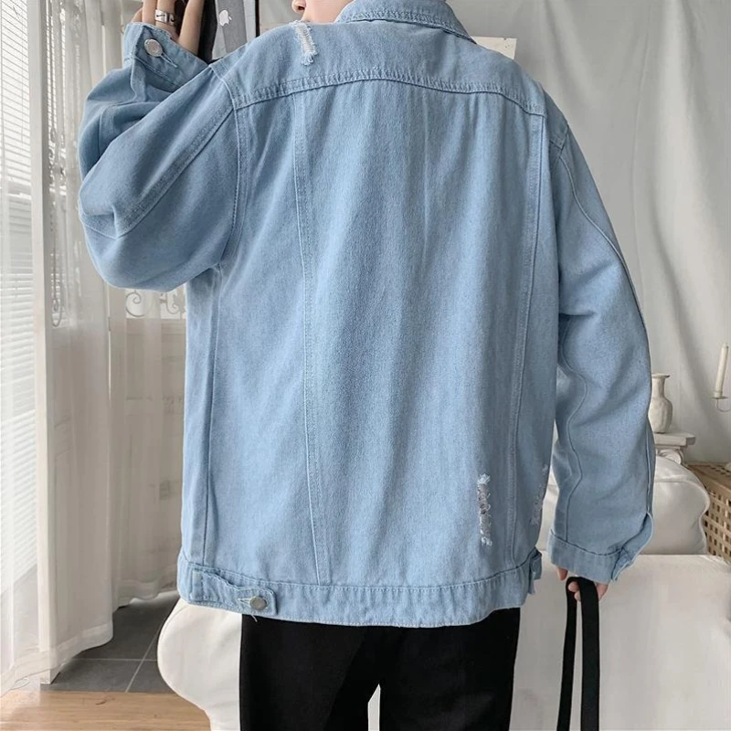 Met gat Denim jack voor heren Gewassen aan boord Winterbovenkleding Gedragen Casual van stof Rock Fashion Y2k Blauw Mannelijke Jean-jassen Gescheurd
