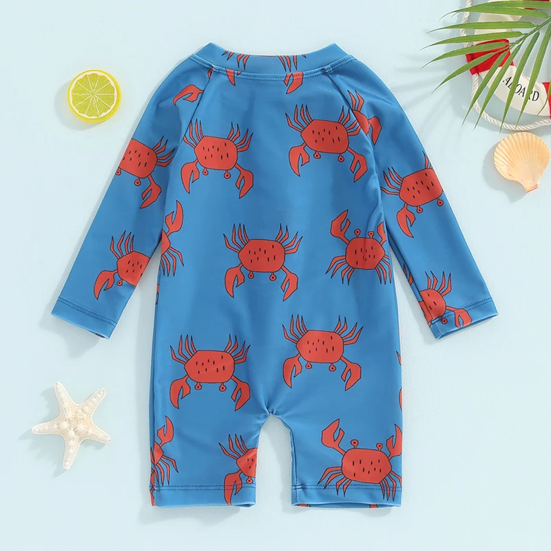 Baby Toddler Boy  Swimsuit Fish Crab Print Long Sleeve Zipper Sunsuit Bathing Suit UPF 50 Sun Protection Rash Guard