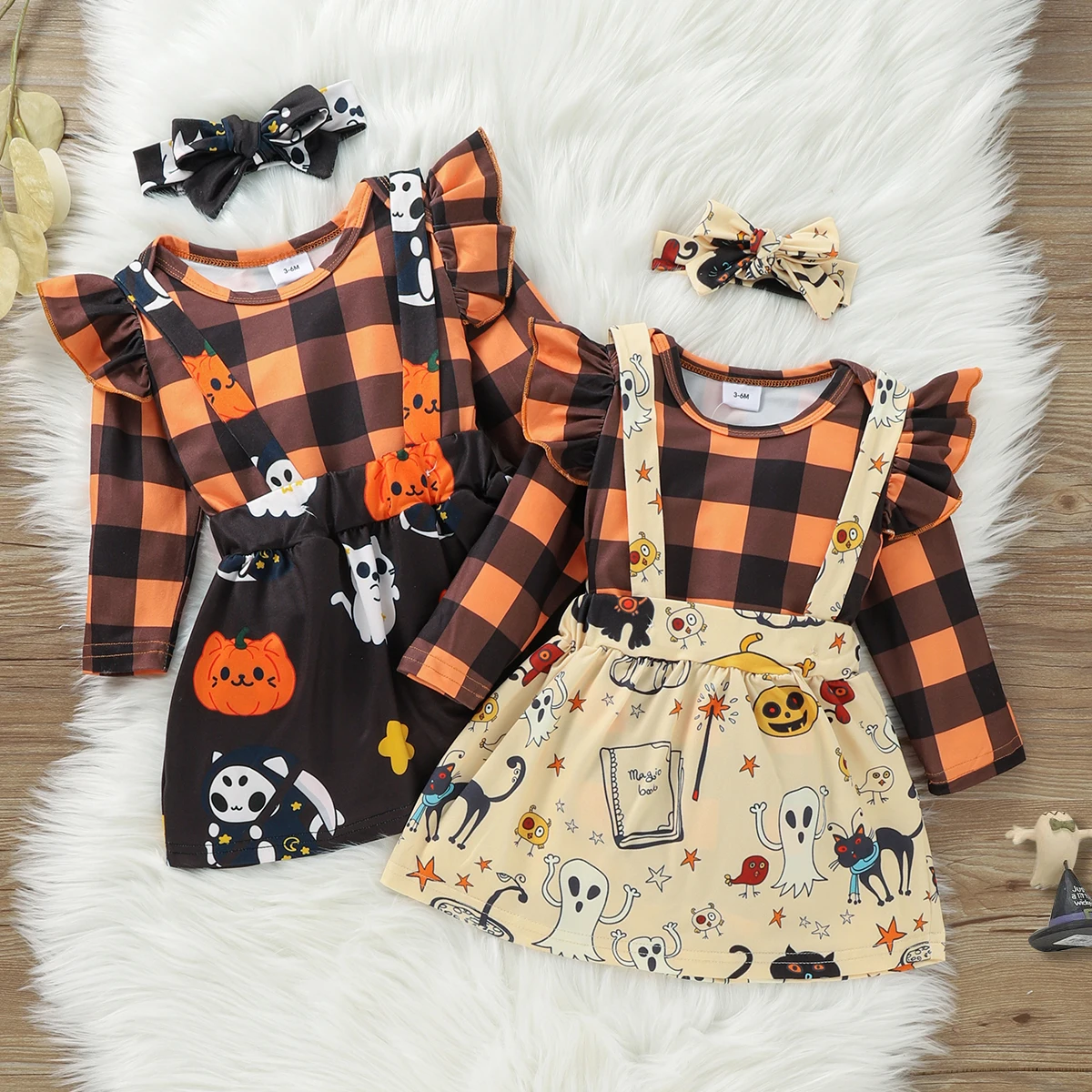 PatPat Halloween Style Party Dress Newborn Baby Girl Clothes New Born Kids Plaid Print Ruffle Decor Long-sleeve Orange Baby Set