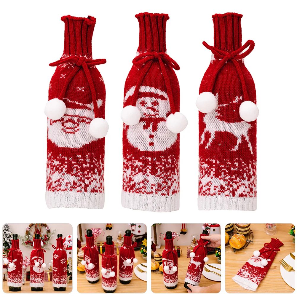 

3Pcs Decorative Wine Bottle Covers Charming Snowman Reindeer Elderly Figures Festive Season Accessory Decorative Wine Decor