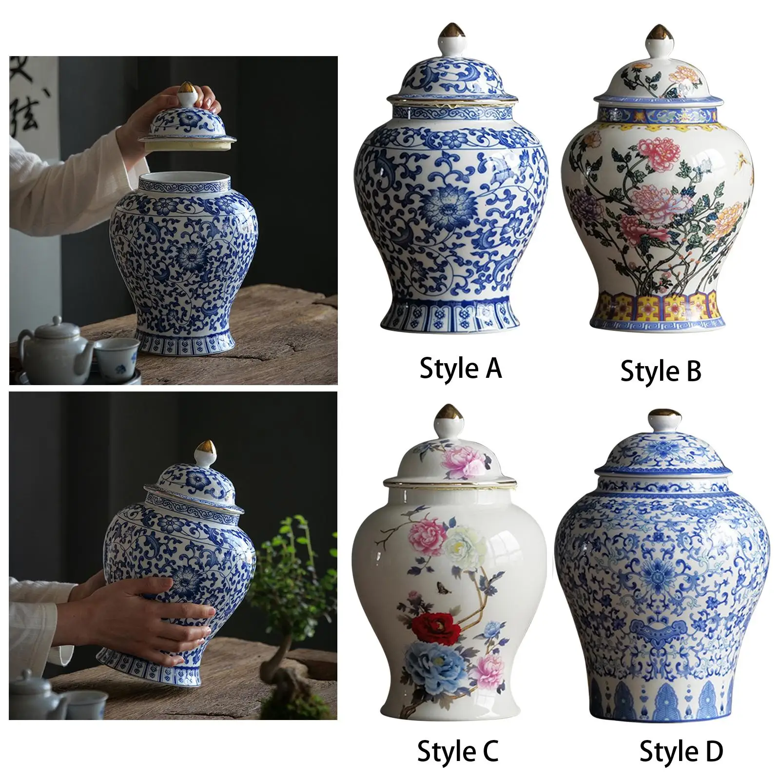 Chinese Style Ceramic Ginger Jar Oriental Style Dried Flower Vase Glazed