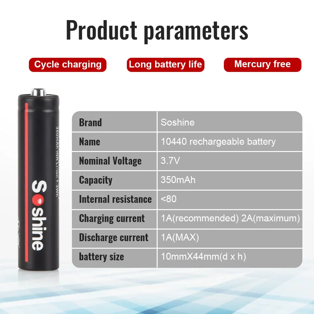 Soshine 350mAh 10440 Lithium Batteries 3.7V AAA 350mAh Li-ion Rechargeable Battery 10440 Battery for Recorder Game Console Toy