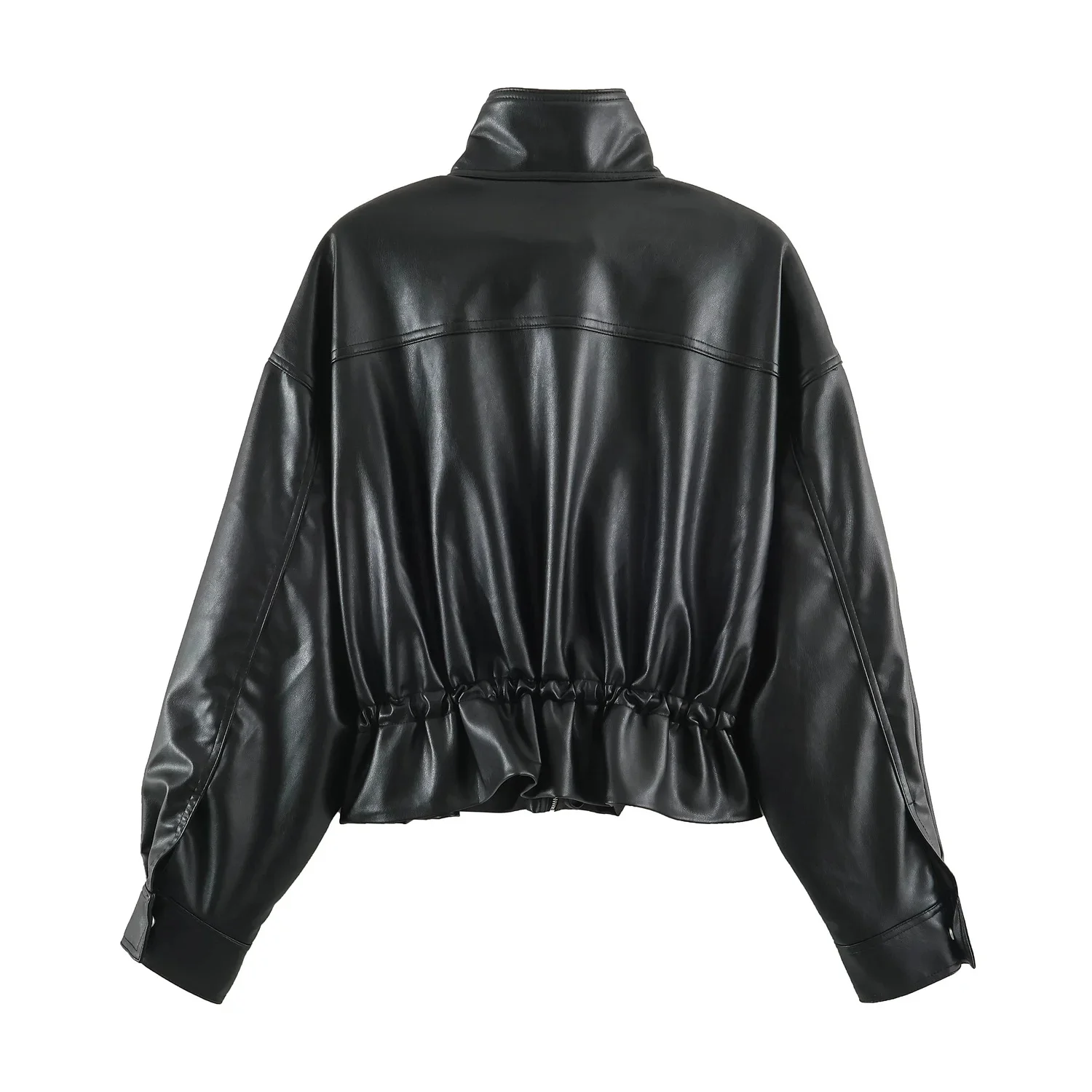 BSAY Streetwear Damen Kunstleder-Optik Jacke Stehkragen Verstellbare Geraffte Taille Mehrere Taschen Übergroße Kurze Außenjacke – Detail 4