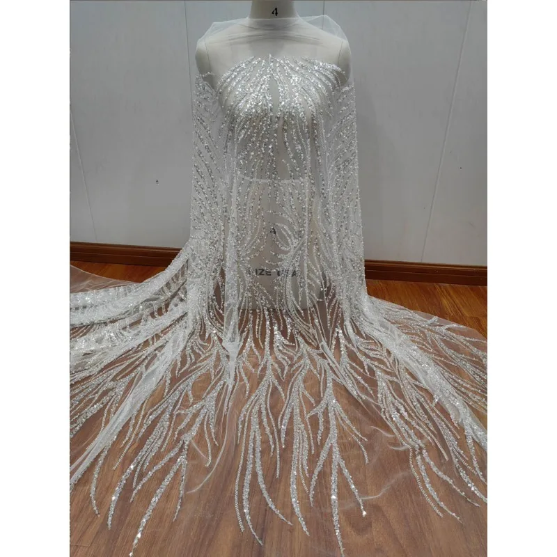 French Style Light Luxury Silver Chain Nail Bead Sequin Lace Mesh Handmade Wedding Dress Fabric Sticker Decoration Accessories