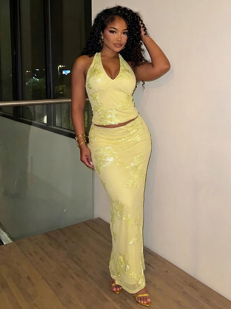 

Комплект из 2 предметов Kliou с цветочной вышивкой: женский топ-халтер с низким вырезом и открытой спиной + длинная юбка с эластичной талией, элегантный костюм для выпускного вечера и вечеринок