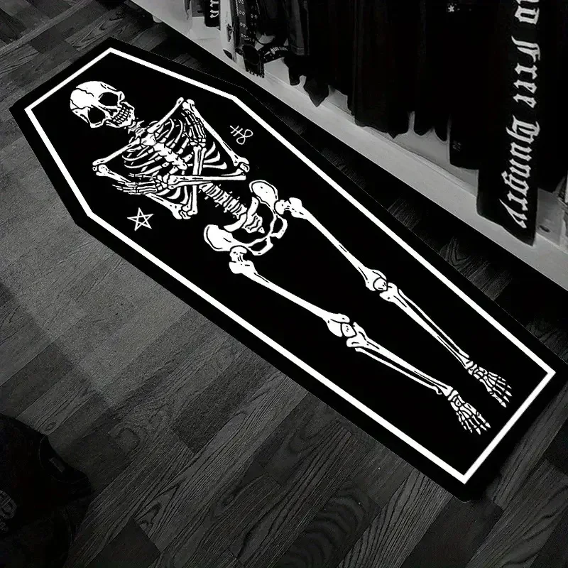 VIKAMA Halloween Skeleton Spider Printed Coffin Floor Mat Personalized Anti Slip Holiday Carpet Home Decoration Gift