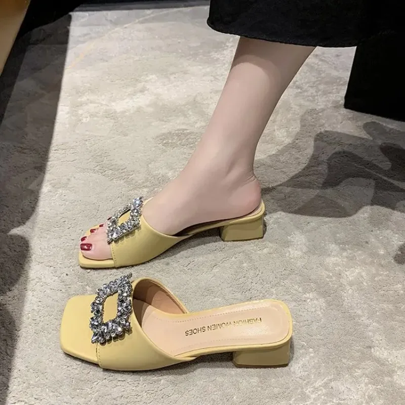 Women\'s Slippers Summer 2024 Rhinestones Mid Heel Elegant Sandals Fashion Outdoor Beach Shoes Slides Chanclas Mujer Playa