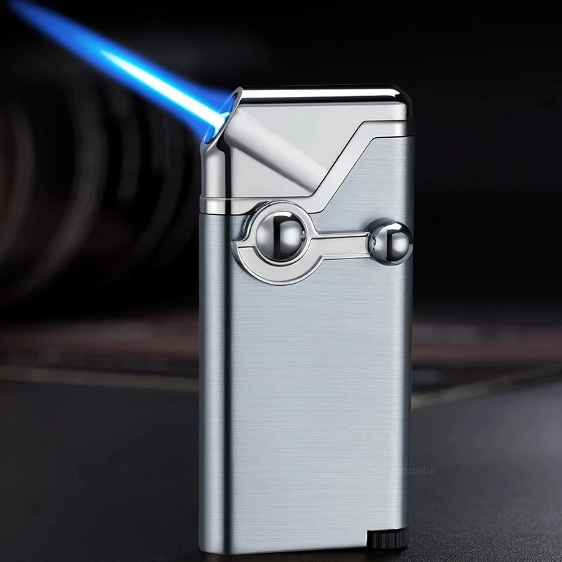 Thin Rocker Oblique Fire Windproof Metal Pipe Lighter Cigarette Cigar Butane Gas Blue Flame Direct Injection Lighter Men\'s Gift