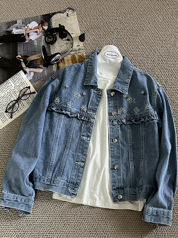 

Wedbleser Blue Embroidered Black Fungal Edge Cowboy Jacket Spring New Korean Edition Female Versatile Sweet Cool Cardigan Top