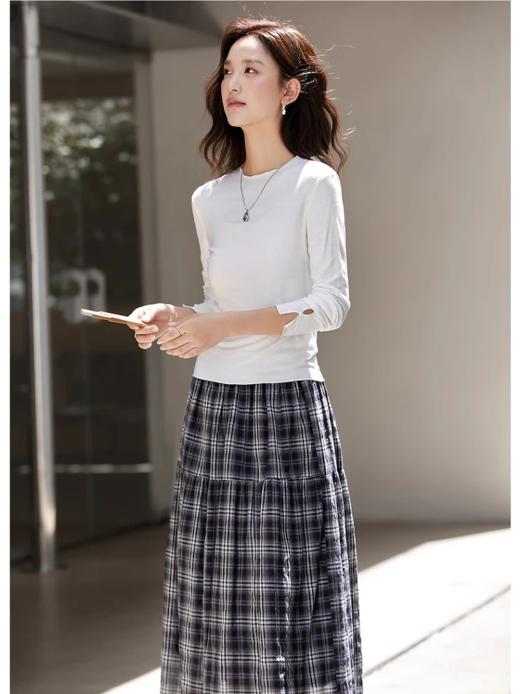 VIMLY Women's Long Sleeve White T-shirts Casual Ruched Crew Neck Ladies Tops Autumn 2025 New Knitted Slim Fit Female Tees A2389