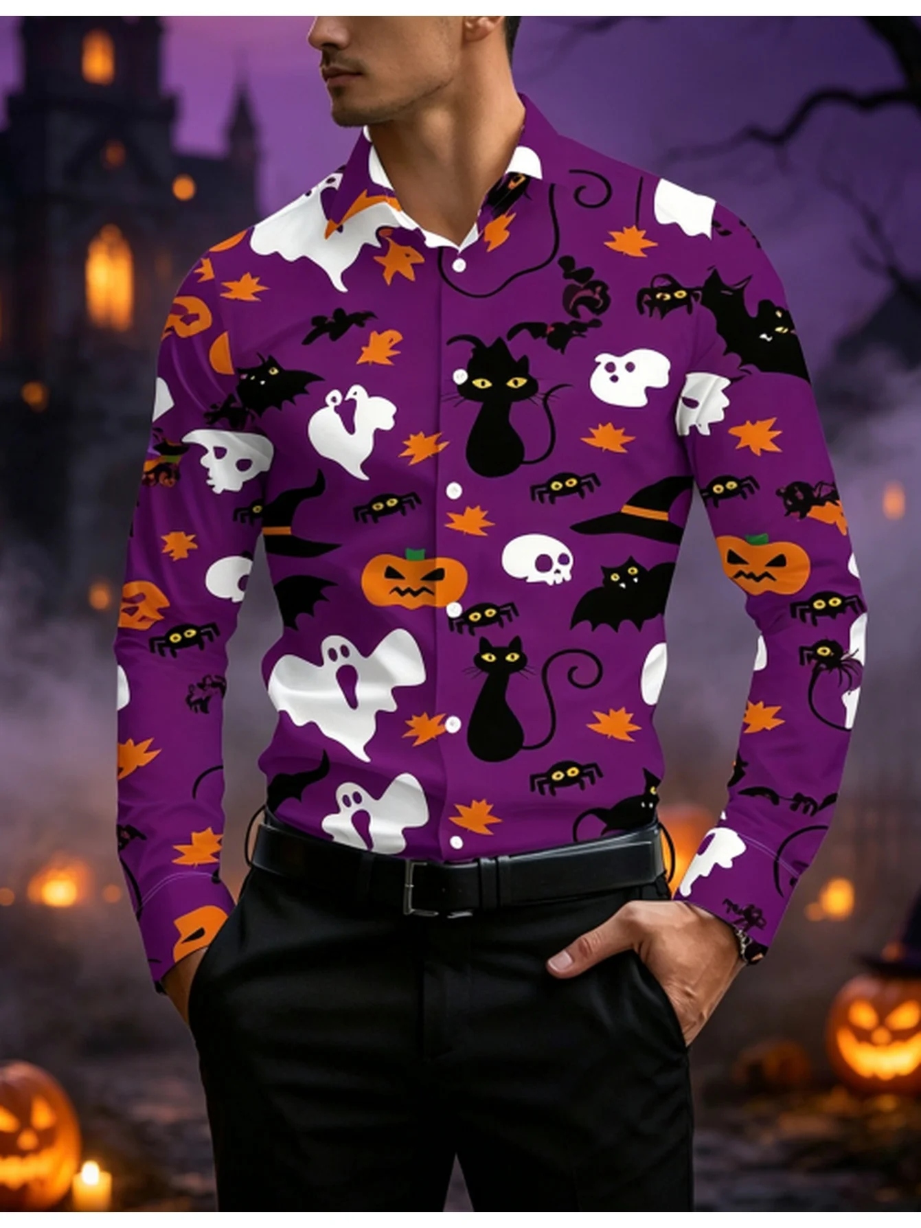 Men Long Sleeve Button Down Shirt Purple Halloween Ghost Pumpkin Black Cat Bat Print Polyester Lapel Collar Party