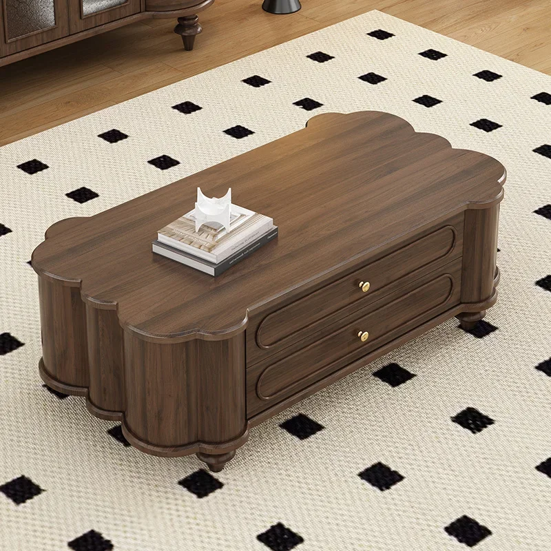 M French Retro Solid Wood Coffee Table Black Walnut Cream Wind Ancient Living Room American Tea Table TV Combination