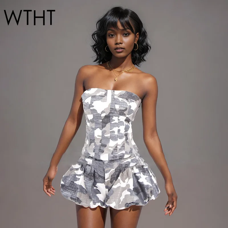

WTHT New Trendy Women's Suits Camouflage Bandage Strapless Tops High Waist Flower Bud Shorts Set Female 2025 Summer 1LS2003