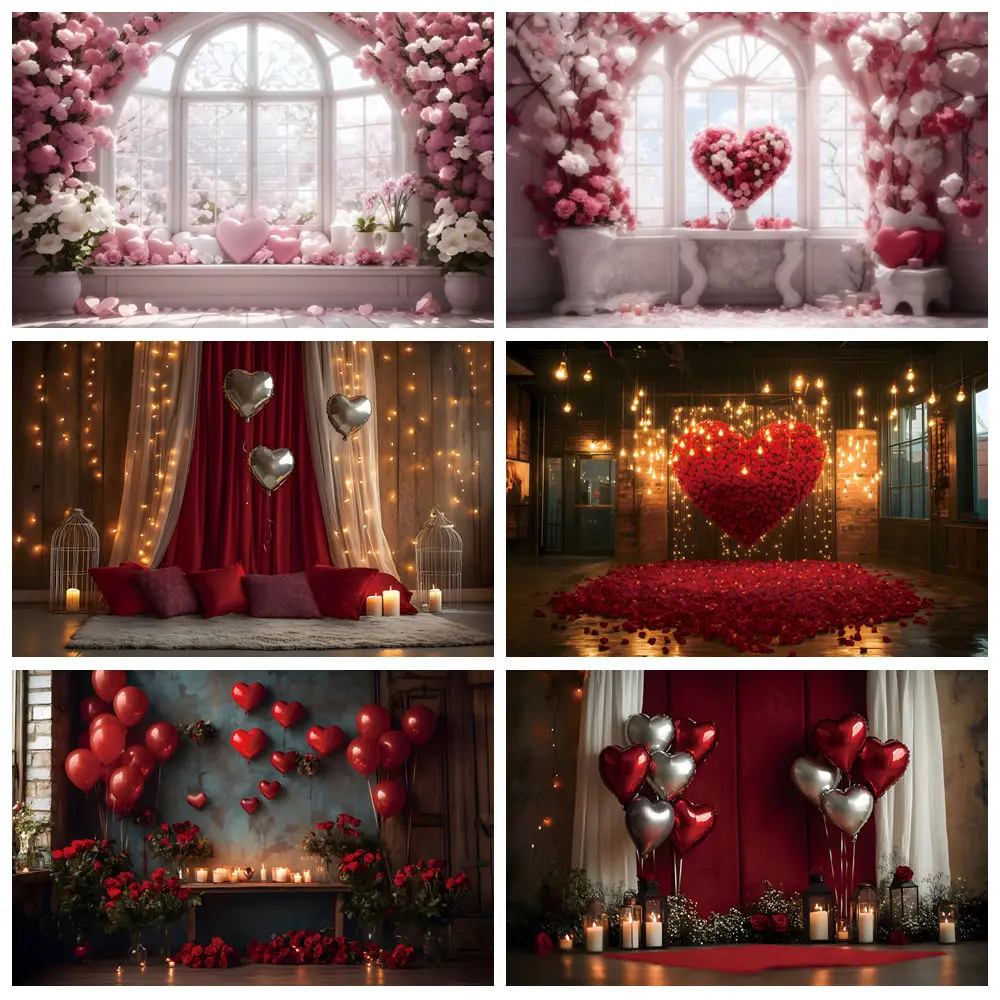 

Happy Valentine's Day Photography Backdrops Red Love Heart Balloon Rose Flower Wedding Party Decor Background Photo Studio Props