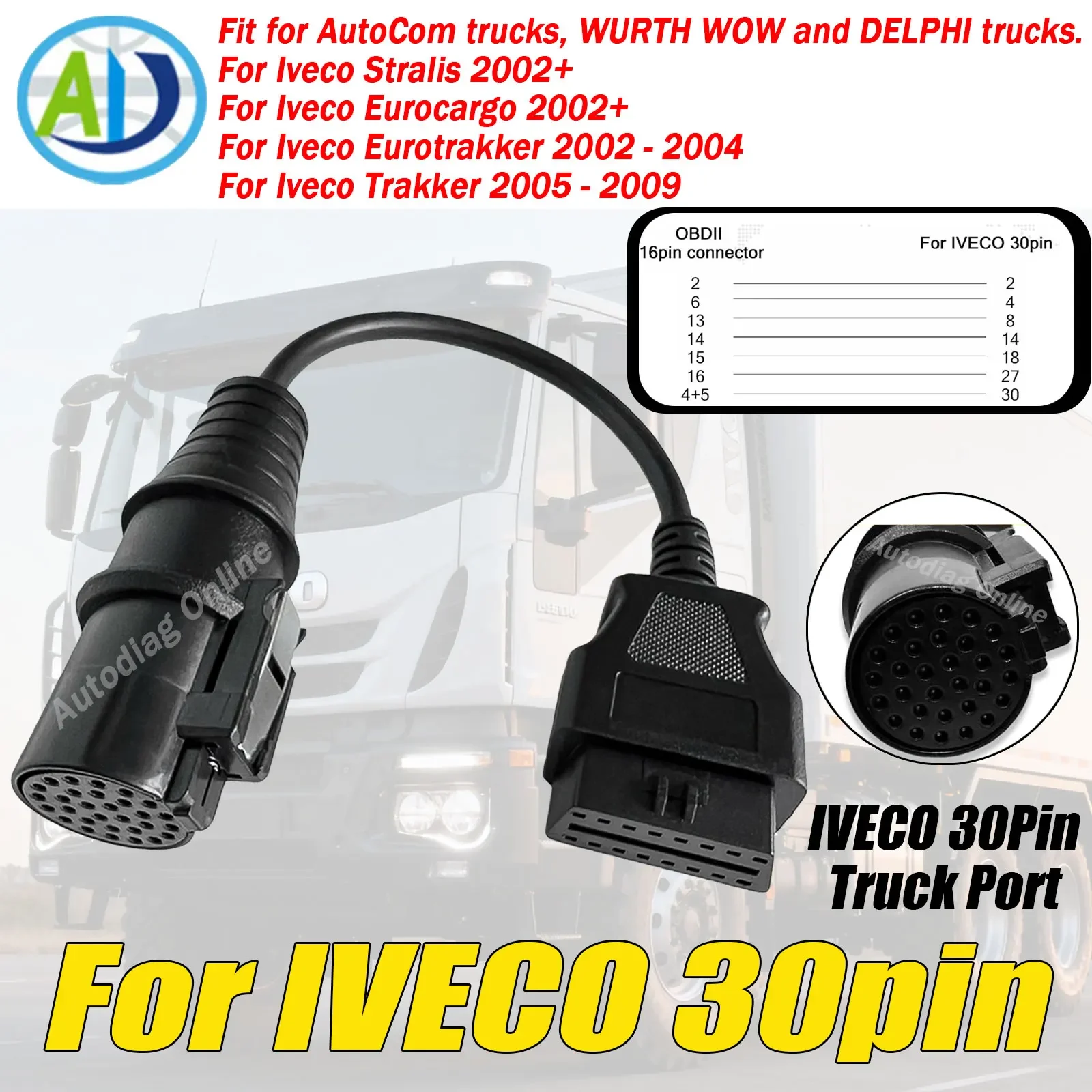 

For IVECO 30Pin OBD2 Diagnostic Cable 30Pin To 16Pin for IVECO Diesel Car OBD2 Diagnostic Connector For DELPHI Truck OBD2 Cable
