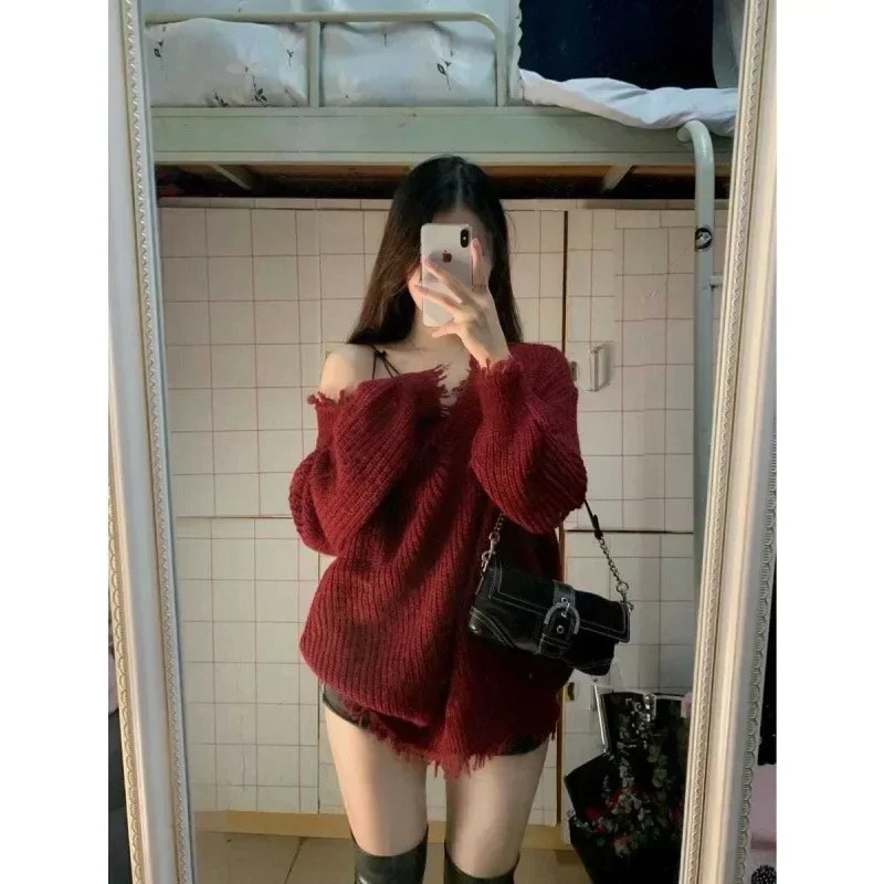 Sweater Vintage Christmas Red Woman Autumn and Winter Thick Slouchy Style Loose Pullover V-neck Outside Knitwear Top Trendy