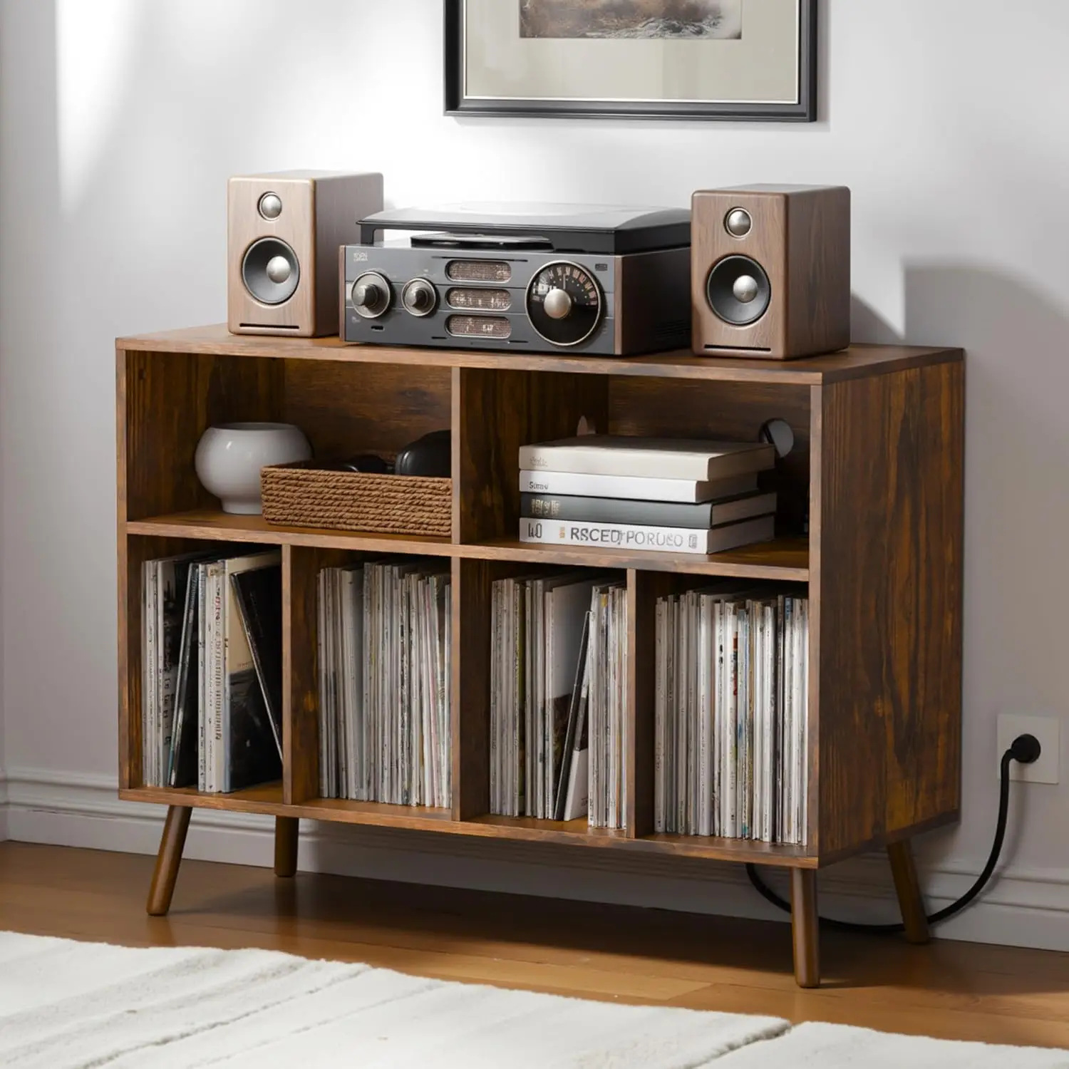 

Wood Record Player Stand with Vinyl Storage, Holds 350 Albums, Cube Organizer, Rustic Brown
