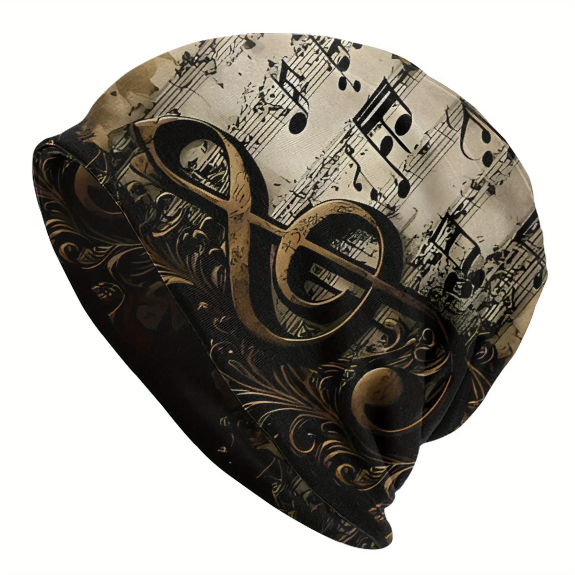 Vintage Inspired Musical Notes Beanie Hat Soft Stretchy Knit Fashionable Cold Cap