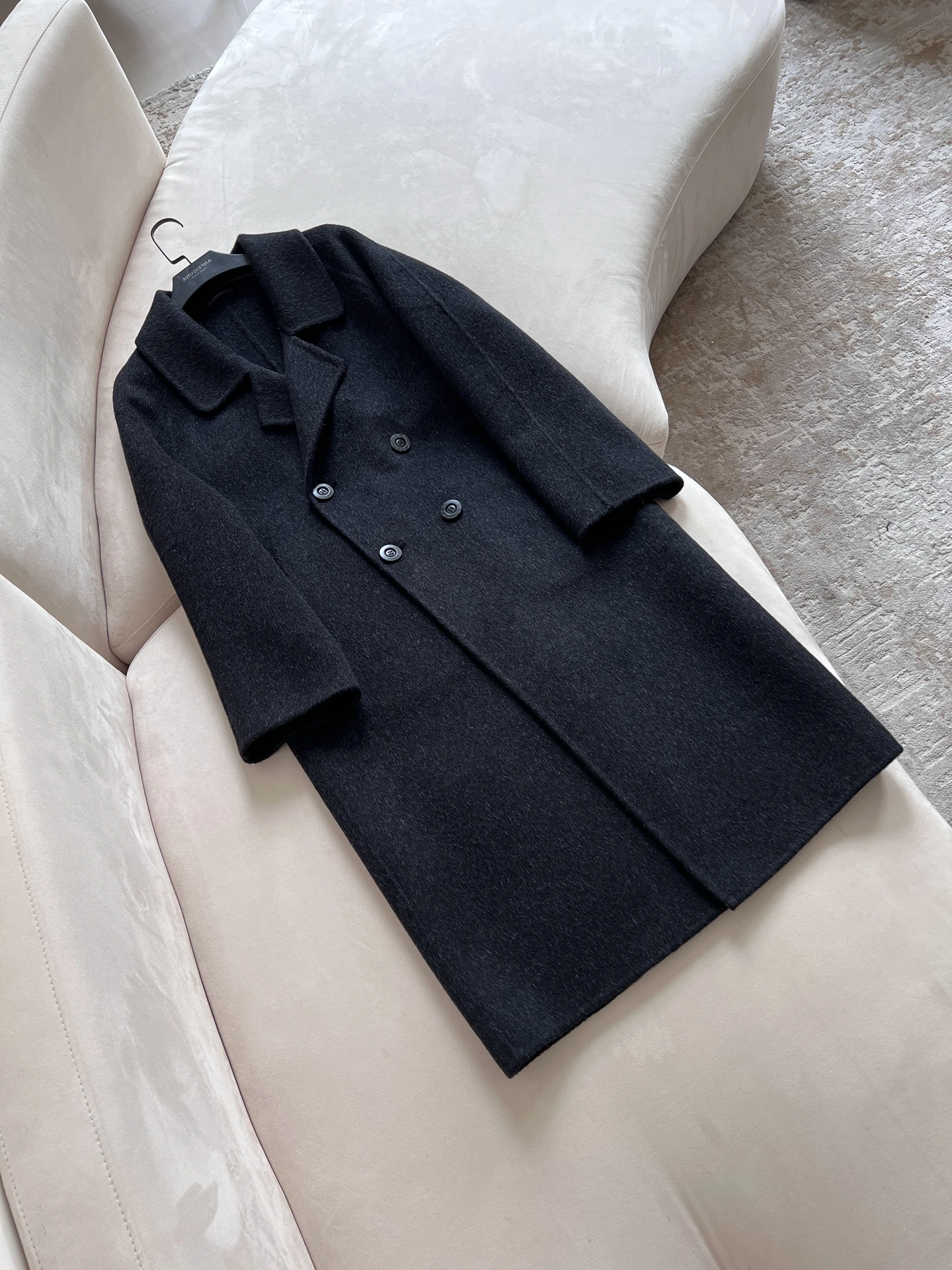 

Длинное двустороннее шерстяное пальто для похудения с двухрядными пуговицами Ele And Sli для женщин осенью и зимой Classic Bla