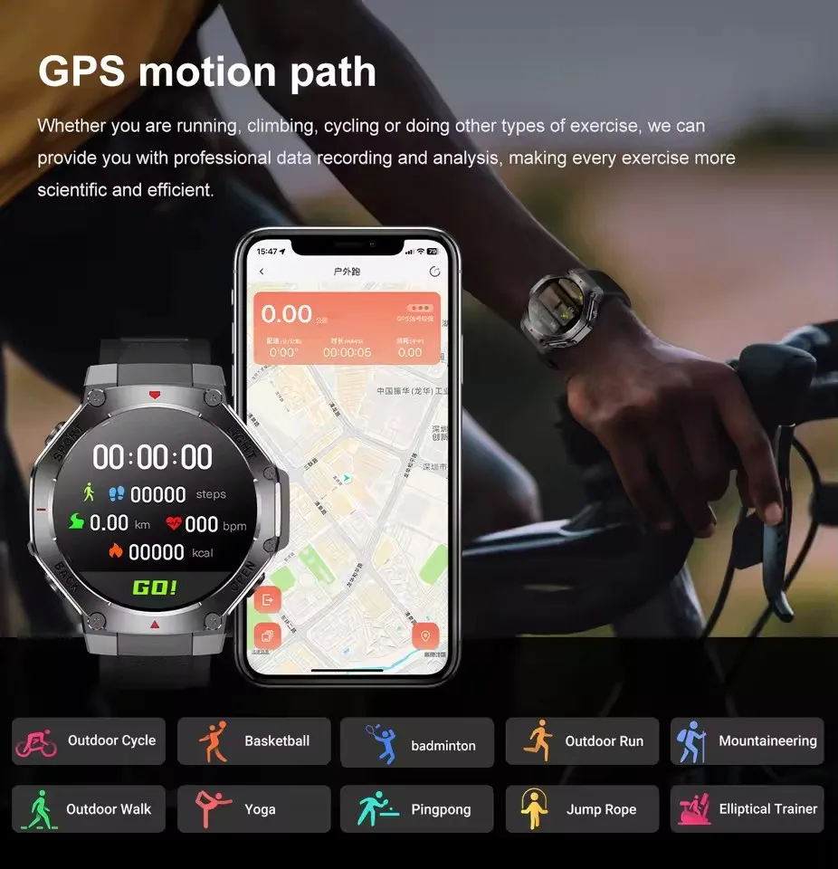 Nowy Smartwatch GPS Altimetr Barometr Kompas Wodoodporny Taktyczny Sportowy Latarka Zegarki Połączenia BT Smart Watch Męski Dla xioami