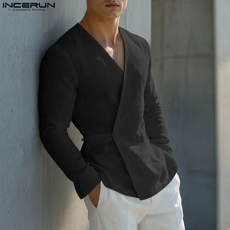 

INCERUN Men Shirt Solid Color V Neck Long Sleeve One Button Male Shirts Streetwear 2025 Autumn Cotton Casual Men Clothing S-5XL