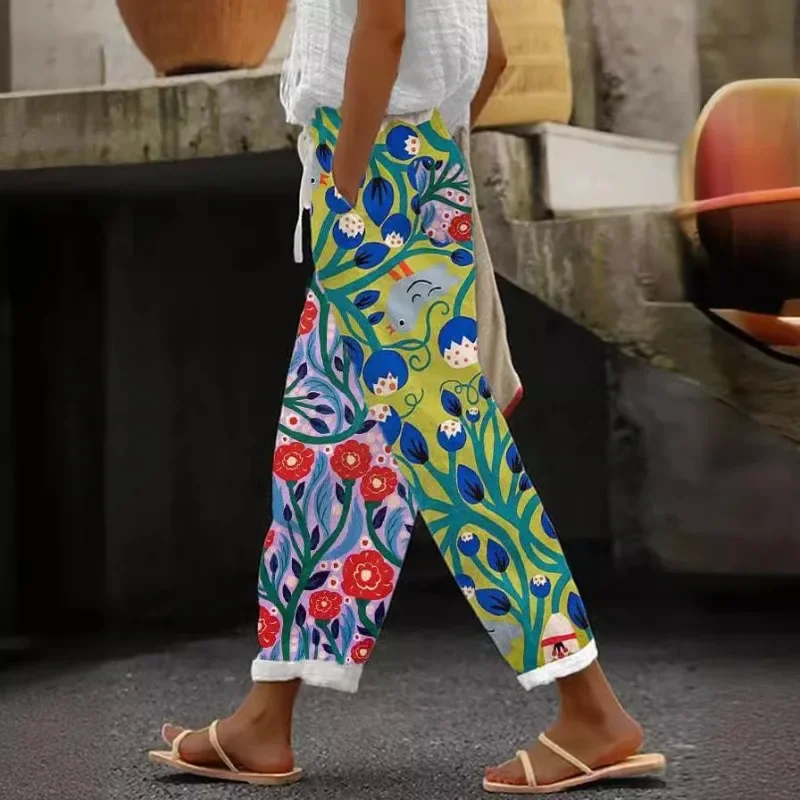 Pantaloni a gamba larga con stampa floreale con motivo floreale Pansy da donna pantaloni Casual con bottoni estivi Cool pantaloni retrò alla moda con stampa floreale botanica