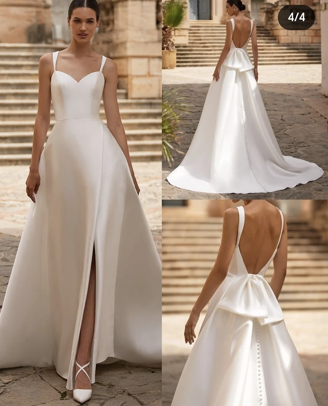 2025年ウェディングドレス、スイートハートネック、フロア丈、スパゲッティストラップ、サイドスリット、ソフトステイン、バックレス、ボウローブ、カスタムメイド、見事なドレス