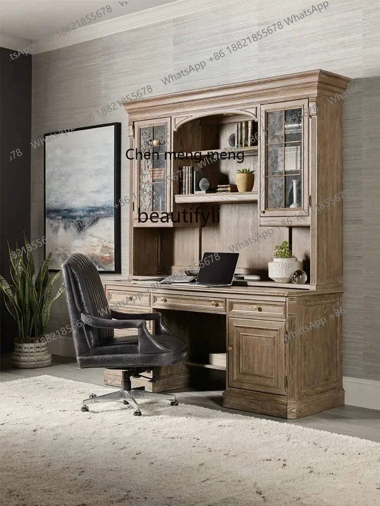 

E153 American Country Solid Wood Bookcase French Retro Desk Combination Oak Open Multi-Layer Shelf Bookshelf