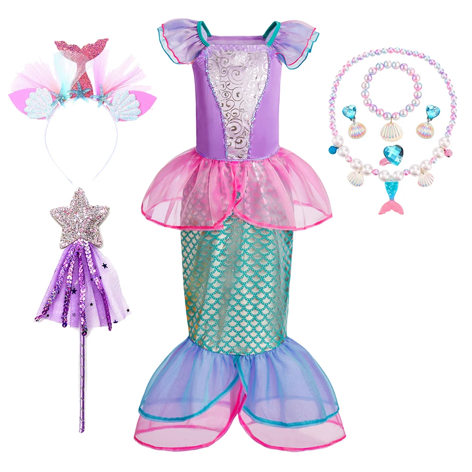 

Детский костюм Русалочки для девочек, карнавальное платье с оборками для косплея, нарядная одежда принцессы для выступлений, Ариэль, Рождественская фантазия