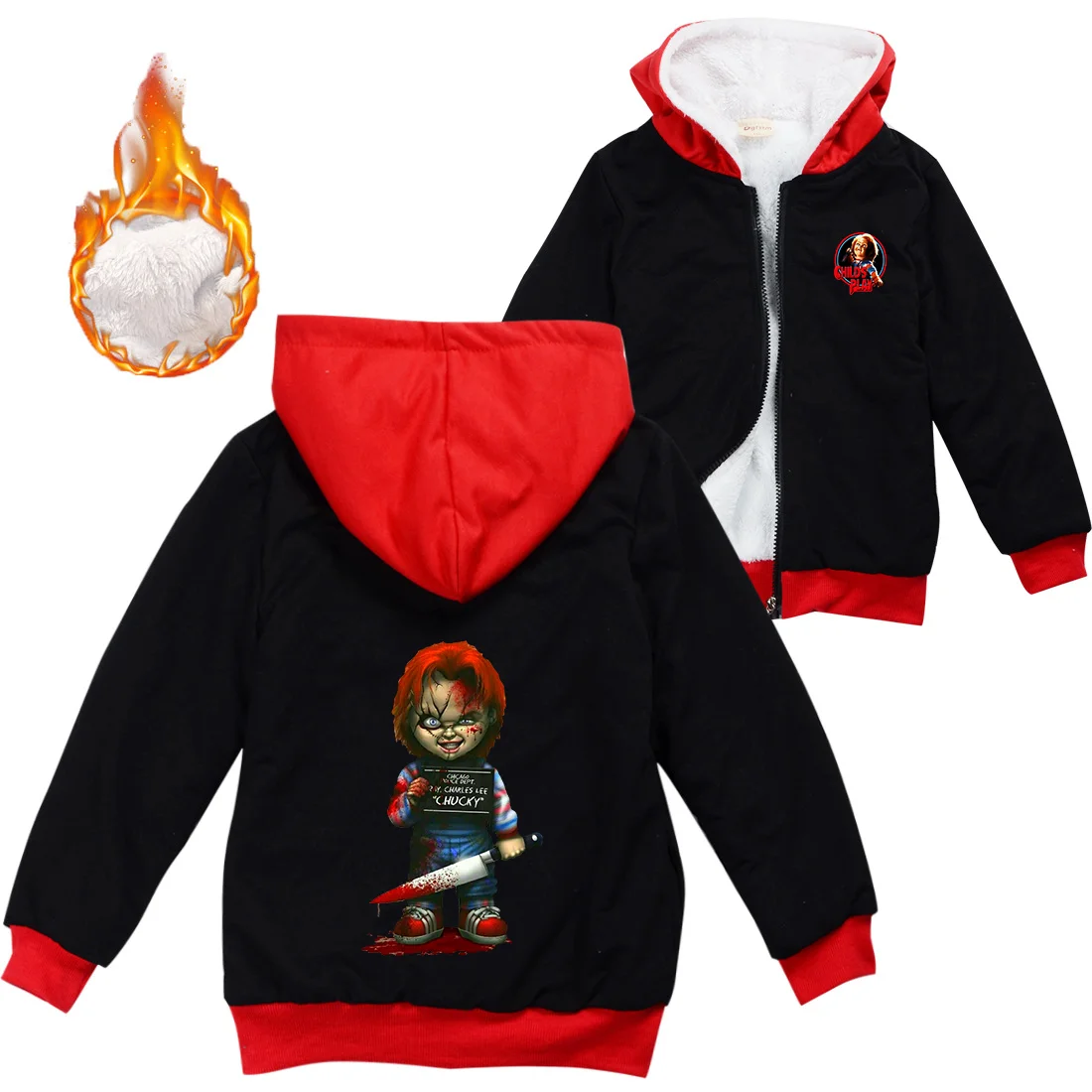 Child's Play Chucky Warm Winter Jacket For Boys Girls with Zipper Children Coat Thicken Hooded Sweater Kids Outerwear