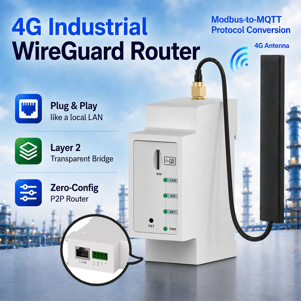 Industrial 4G Router Support WireGuard VPN Layer 2 Bridge Same Subnet Communication  P2P Router for PLC Remote Access