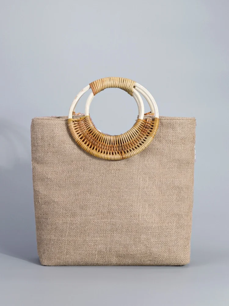 2025 Summer Glitter Embroidery Woven Tote Bags New Round Bamboo Handle Women's Handbags Floral Pattern Fashion Casual Beach Bags