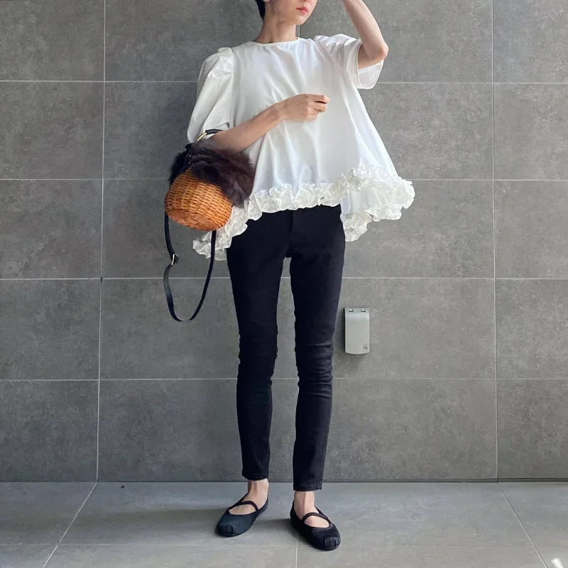 O-neck Bubble Sleeve Solid Blouse Women Irregular Fungus Loose Casual Shirts Tops Japanese Elegant Chic Blusas Mujer 2024 Summer