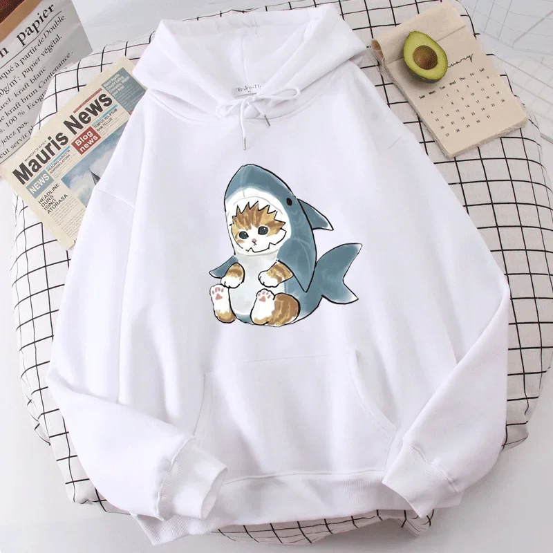 Kawaii Cat Shark Graphic Hoodies Fun Cute Cartoon Anime Print Sweatshirt Autumn Winter Y2K Fashion 90S Men Women Pullover Tops