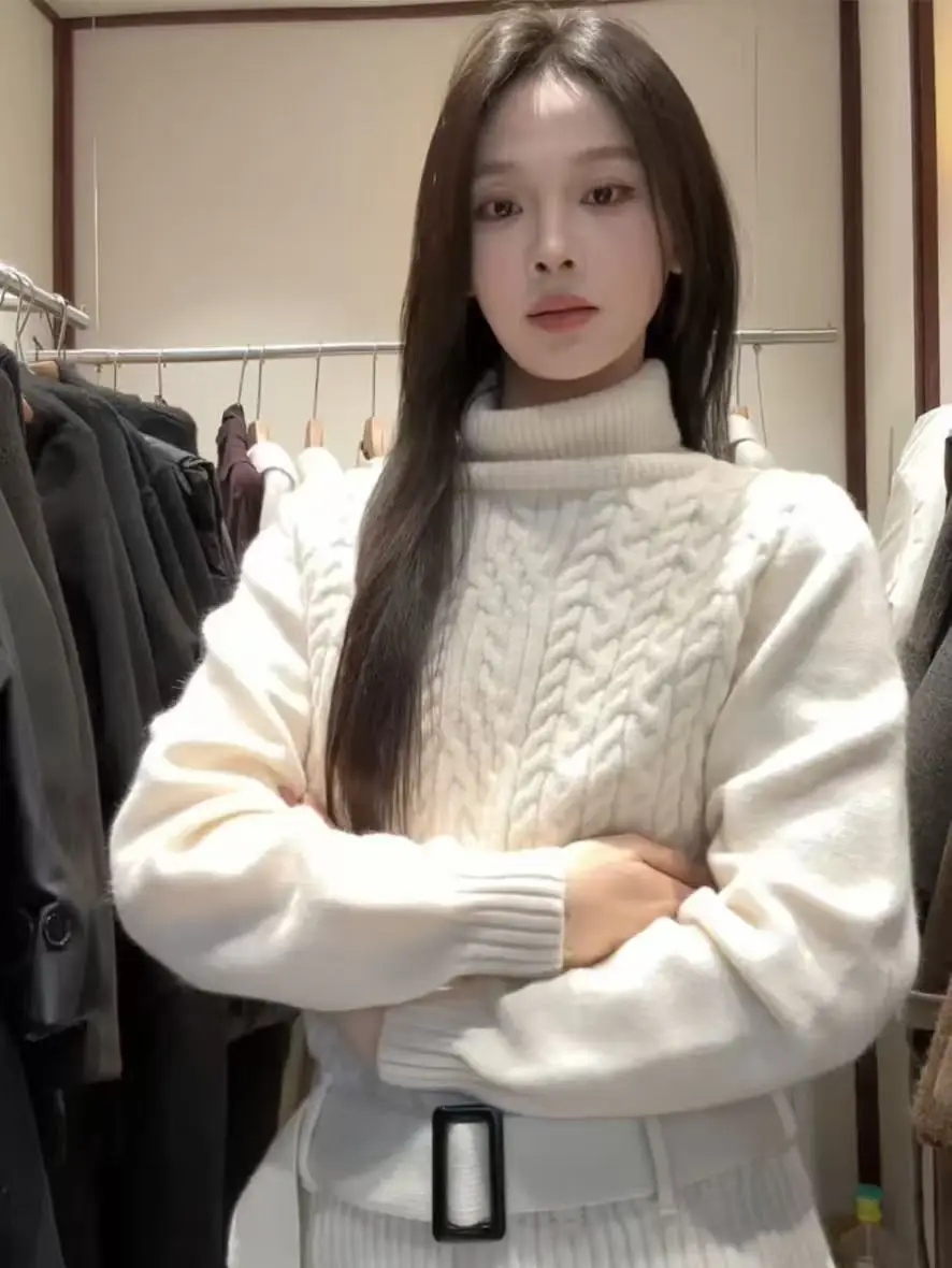 한국 슬레 하이넥 트위스트 스웨터 여성용 가을 겨울 루즈핏 허리 조임 부드럽고 포근한 니트 베이스 레이어 탑