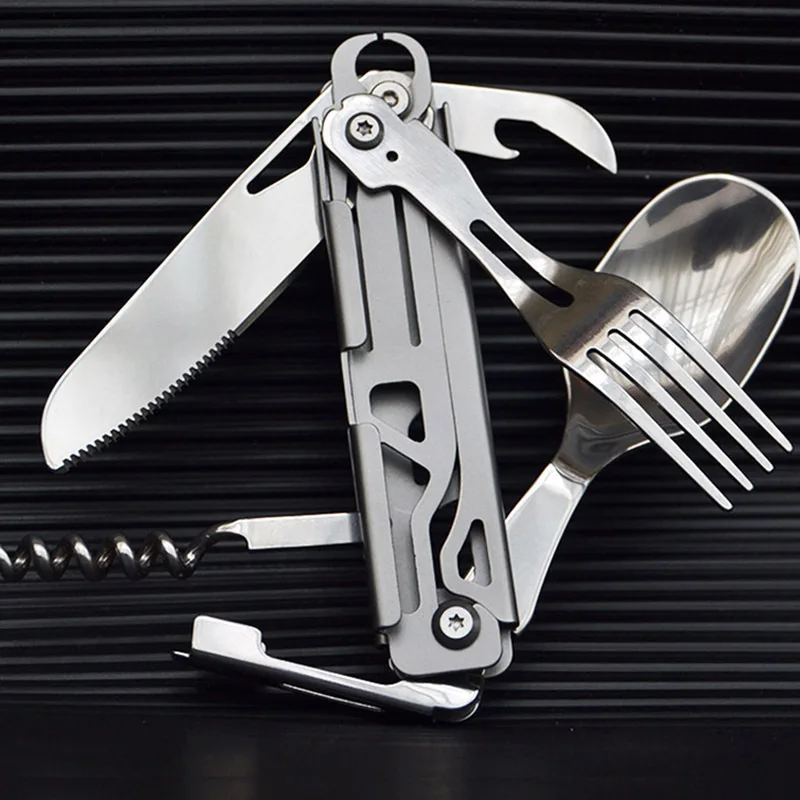 Camping Fork Spoon Multi-function Portable Knife Fork Spoon Bottle Opener Foldable Cutlery Camping Equipment