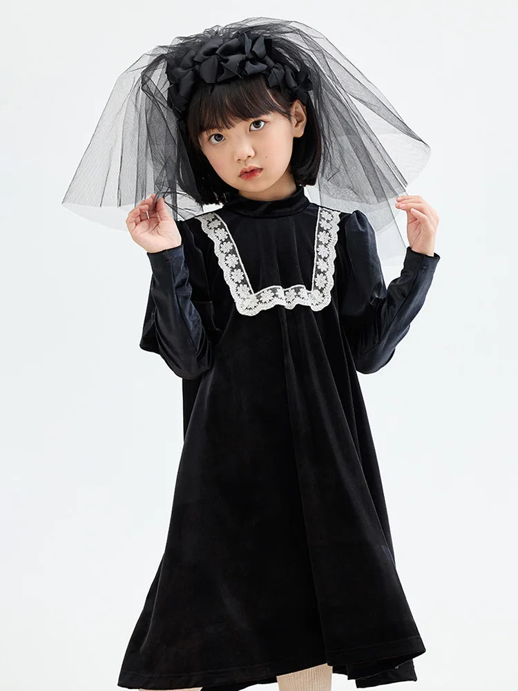 

Baby Girls Full Sleeve Dresses Solid Black Retro Vintage French Style Princess Dress 2022 Autumn Kids Clothing 140cm 3T Children