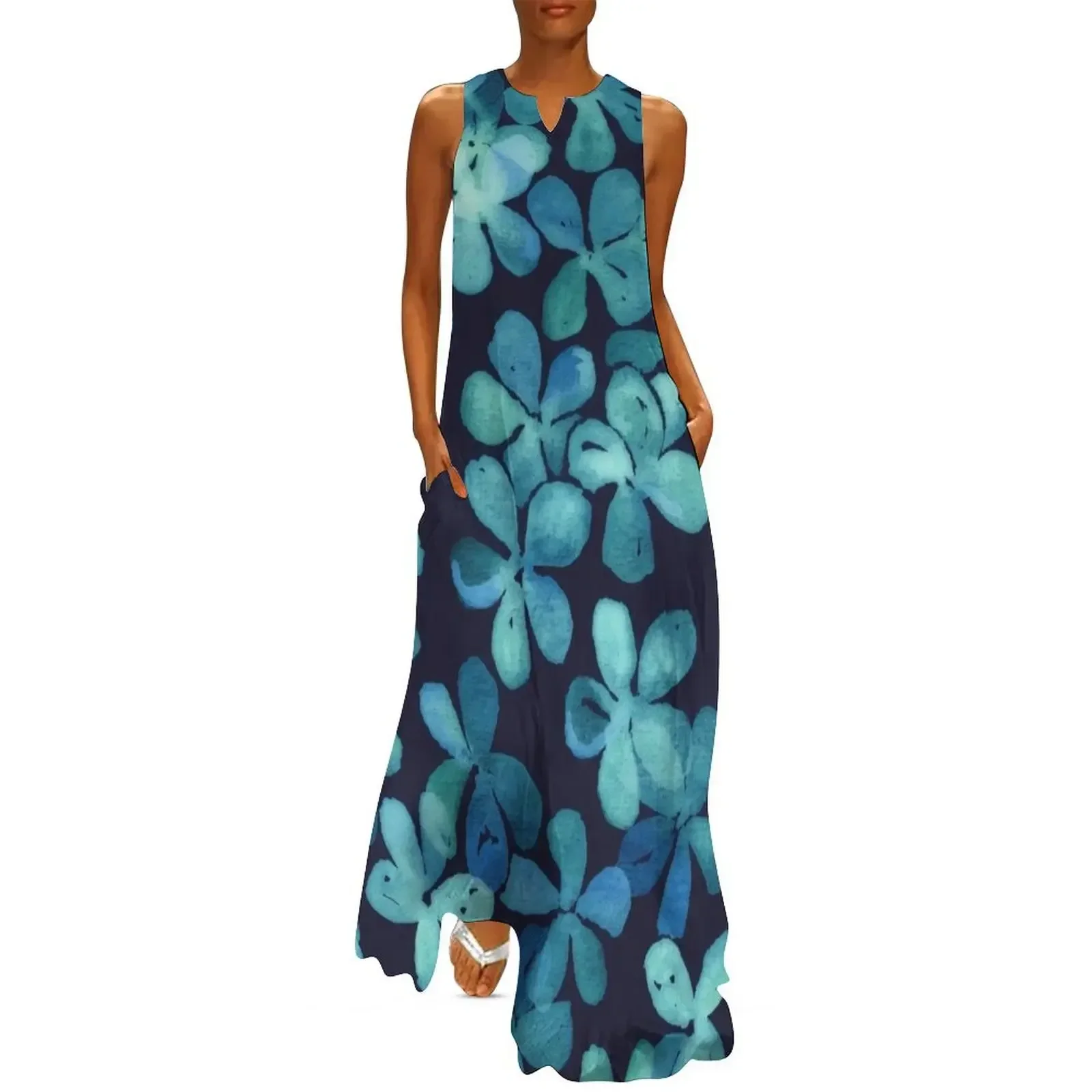 

Hand Painted Floral Pattern in Teal & Navy Blue Long Dress Long dress dress for women elegant women's sets