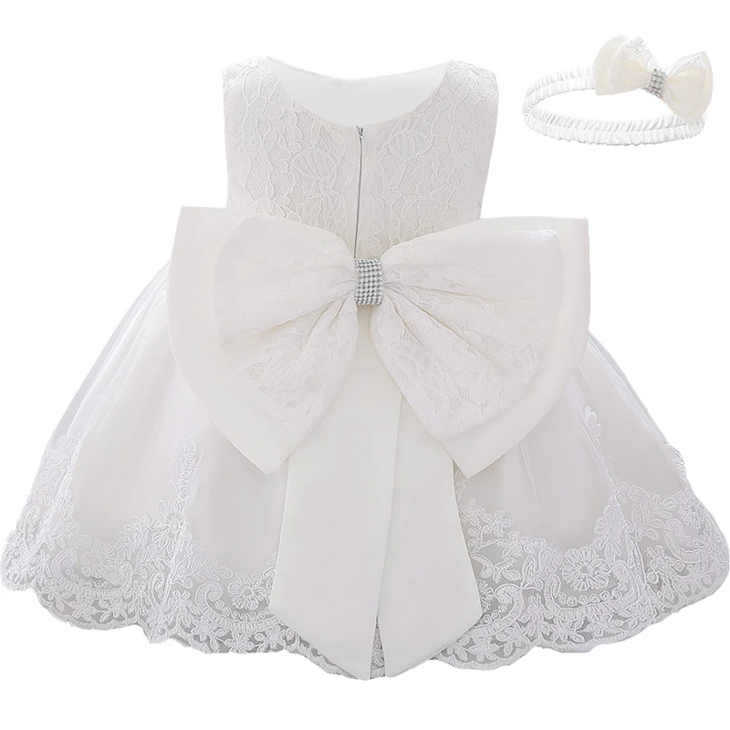

Baby Girls White Wedding Party Dress Fantasy Bow Baptism 1st Birthday Princess Dresses Toddler Tulle Bridesmaids Tutu Prom Gown